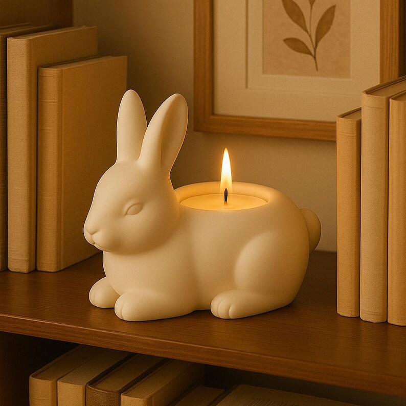 Op de afbeelding: Een witte keramische kandelaar in de vorm van een konijn met een brandende kaars. De kandelaar staat op een houten plank met boeken en een ingelijste foto op de achtergrond. De kaarsvlam is geel.