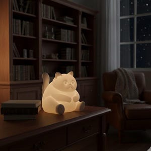 Puede incluir: Una lámpara con forma de gato, de color crema y brillante, se encuentra sobre una mesa de madera oscura. La lámpara tiene un cuerpo redondeado, orejas pequeñas y una cola. El fondo incluye una estantería, un sillón de cuero y una ventana.