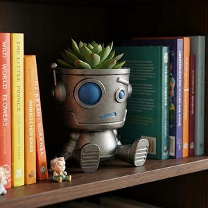 May include: A silver-colored robot-shaped planter with a large blue eye and a small blue eye, containing a green succulent plant. The robot is sitting on a shelf between several books, including titles like The Little Prince and Wild World Flowers.