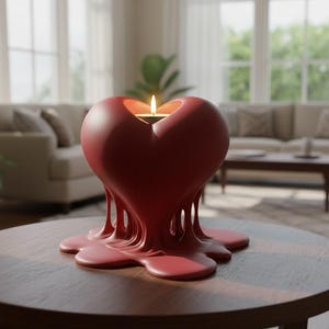 May include: A heart-shaped candle holder in a deep red hue, with a lit candle inside. The holder has a melting wax design, sitting on a round wooden table. The candle holder is a decorative item for home decor.