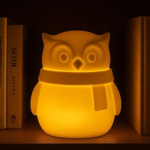 Puede incluir: Lámpara de noche con forma de búho, de color amarillo claro. Tiene grandes ojos redondos y una bufanda. Está colocada sobre una estantería de madera, con libros al fondo.