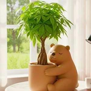 May include: A small, potted plant with bright green leaves and a braided trunk sits in a tan-colored pot. The pot is embraced by a brown bear-shaped planter. The plant and planter are on a round table near a window.