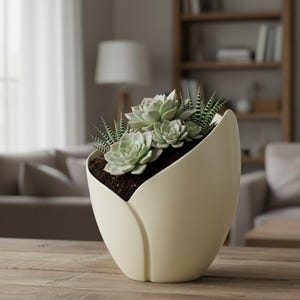May include: A cream-colored, tulip-shaped planter filled with various succulents. The planter sits on a wooden table, with a blurred background of a living room. The succulents are a mix of green and gray-green hues.