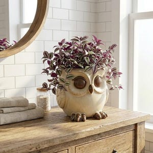 May include: A decorative owl-shaped planter filled with a trailing plant with purple and green leaves. The ceramic planter is beige with brown eyes and feet. The planter sits on a wooden surface with folded towels and a glass jar.