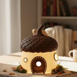 Op de afbeelding: Een grillige eikelvormige lamp met een bruine, getextureerde bovenkant en een gloeiende, gebroken witte basis. De basis heeft een kleine, ronde deur en twee cirkelvormige ramen. Decoratief mos en kleine paddenstoelen omringen de basis.