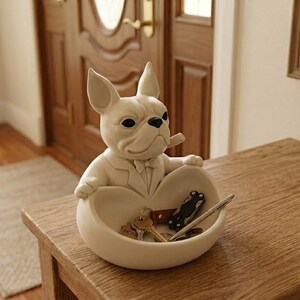 Könnte beinhalten: Cremefarbene Bulldoggenfigur im Smoking, die eine herzförmige Schale hält. Die Schale enthält Schlüssel, einen Stift und ein kleines Messer. Die Figur steht auf einem Holztisch.