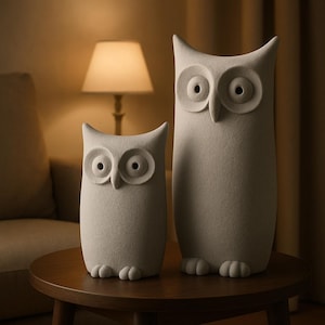 Könnte beinhalten: Zwei hellgraue Eulenfiguren in verschiedenen Größen. Die Eulen haben große, runde Augen und ein schlichtes, minimalistisches Design. Sie stehen auf einem dunklen Holztisch, mit einer Lampe und einem Sofa im Hintergrund, was eine gemütliche Atmosphäre schafft.