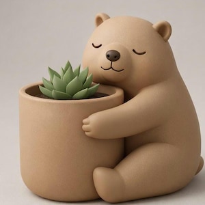 Doniczka Bear Hug STL, doniczka na sukulenty do druku 3D, dekoracja biurka w kształcie zwierzątka w stylu kawaii, minimalne wsparcie