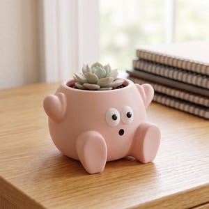 Op de afbeelding: Een grillige, lichtroze keramische plantenbak in de vorm van een stripfiguur met armen, benen en verbaasde ogen. De plantenbak bevat een kleine vetplant met lichtgroene bladeren. De plantenbak staat op een houten oppervlak.