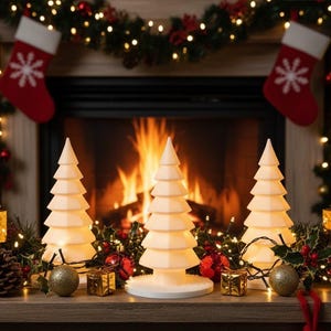Può includere: Una scena natalizia festosa con tre decorazioni ad albero bianche illuminate. Gli alberi sono disposti davanti a un camino con un fuoco acceso. Calze rosse e ghirlande con luci e ornamenti completano l'arredamento festivo.