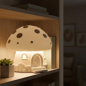 May include: A cream-coloured mushroom-shaped night light with brown spots. The base has a small door and window details. A small succulent plant in a square pot sits on a wooden shelf, creating a cosy, decorative scene. The light is on.