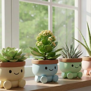 Peut inclure: Quatre petits pots de fleurs colorés avec des visages souriants et des pieds attachés, chacun contenant une plante succulente ou une plante différente. Les pots sont dans des tons de jaune, bleu, vert et rose, avec des bords marron.