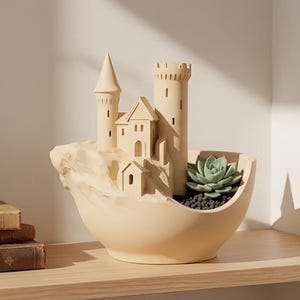 May include: A beige ceramic planter shaped like a castle on a rocky cliffside. The structure features a tall cylindrical tower, a pointed turret, and a central building with arched doorways. A green succulent sits in the basin filled with dark pebbles.
