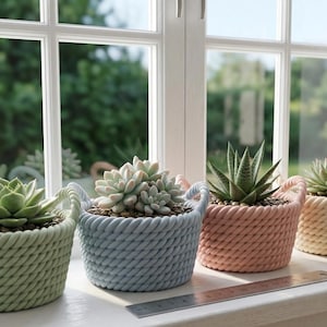 May include: Four small succulent plants in decorative rope-textured pots sit on a windowsill. The pots are pastel green, blue, pink, and beige. A metal ruler rests on the sill. The background shows a window and green foliage.