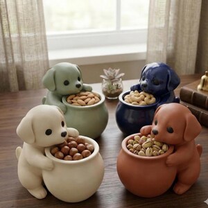 Può includere: Una collezione di statuette di cuccioli in ceramica in vari colori, ognuna con un piccolo vaso pieno di noci. I cuccioli sono color crema, verde, blu e marrone. I vasi contengono mandorle, anacardi, nocciole e pistacchi.