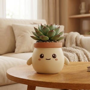 May include: A whimsical, cream-colored ceramic planter with a smiling face and small arms, holding a green succulent plant. The planter sits on a wooden table, with a neutral-toned sofa in the background. The succulent has green leaves with reddish tips.