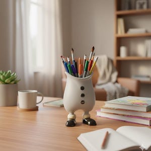 May include: A whimsical white pen holder shaped like a snowman, with black buttons and feet, holding various pens and brushes. The holder sits on a wooden desk next to a cup, books, and a notebook.