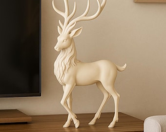 May include: A cream-colored deer figurine with large antlers stands on a wooden surface. The sculpture has detailed features, including a flowing mane and a graceful pose. The deer is a decorative item, suitable for home decor.