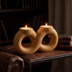 Puede incluir: Dos candelabros beige en forma de infinito, cada uno con una vela encendida. Los candelabros tienen aberturas circulares. Están sobre una mesa marrón oscuro, con libros antiguos al fondo. Las velas están encendidas.
