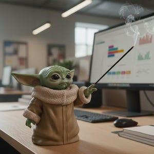 May include: A green alien-like figurine in a tan coat with a white fur collar, holding a black stick with smoke rising from it. The character is in an office setting, pointing at a computer screen displaying charts and graphs.