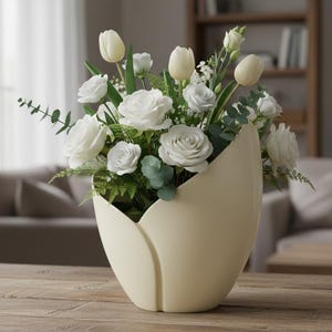 Op de afbeelding: Een crèmekleurige, tulpvormige vaas gevuld met witte rozen, tulpen en groen. De opstelling staat op een houten tafel, met een vage achtergrond van een woonkamer. De vaas is het middelpunt en toont de elegante bloemenpracht.