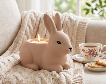 May include: A matte beige ceramic candle holder shaped like a sitting rabbit with upright ears and black painted eyes and nose. A single lit candle is placed in the hollowed-out back of the rabbit figure, emitting a small flame.