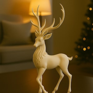 May include: A cream-coloured deer figurine with detailed antlers and a flowing mane. The decorative sculpture is standing on a dark brown surface. The deer is a symbol of the holiday season.