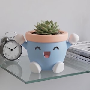 Puede incluir: Una maceta de cerámica azul claro con forma de personaje de dibujos animados, con borde color melocotón, manos blancas y pies blancos. La maceta presenta una cara sonriente con ojos negros y boca abierta, conteniendo una planta suculenta verde.