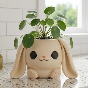 May include: A beige bunny-shaped plant pot with large black eyes, a pink nose, and long ears, holding a green plant with round leaves. The pot is on a speckled countertop in a kitchen setting.
