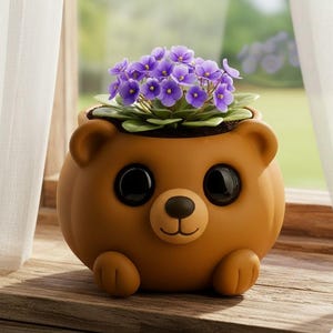 May include: A brown bear-shaped planter with large black eyes, a small nose, and paws. The planter holds a vibrant plant with green leaves and clusters of small purple flowers. The planter sits on a wooden surface near a window.