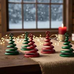 Può includere: Una collezione di decorazioni decorative per alberi di Natale rosse e verdi. Gli alberi a spirale sono disposti su un tavolo di legno con un runner di iuta. Una candela accesa e luci di fata completano la scena.