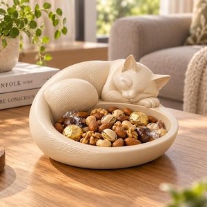 Op de afbeelding: Een crèmekleurige keramische kom in de vorm van een slapende kat met een getextureerd oppervlak. De kom bevat een mix van diverse noten, waaronder amandelen, walnoten en pistachenoten, samen met verschillende kleine, ronde, goud verpakte chocolaatjes.