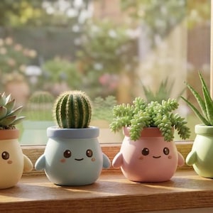 Peut inclure: Quatre petits pots de fleurs en céramique souriants avec des plantes succulentes et des cactus. Les pots sont de couleurs pastel : jaune, bleu, rose et vert. Chaque pot a un visage avec des bras. Les plantes comprennent une succulente, un cactus et deux types de plantes succulentes.