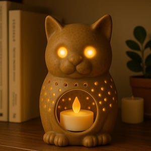 以下が含まれることがあります： 光る黄色の目と、ろうそくを入れる丸い開口部が付いた、茶色のセラミック製の猫型キャンドルホルダー。猫には光が通る小さな穴があります。キャンドルホルダーは木製の表面にあります。