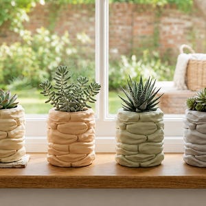 May include: Four cylindrical planters with a textured, stacked-stone appearance in cream, peach, sage green, and light gray. Each planter holds a different small succulent plant, arranged in a row on a wooden surface in front of a window.