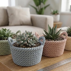Pode incluir: Uma coleção de pequenas plantas suculentas em vasos decorativos com textura de corda. Os vasos são em cores pastel: verde, azul, rosa e creme. As plantas estão sobre uma mesa de madeira, com um sofá ao fundo. Uma régua de metal está sobre a mesa.