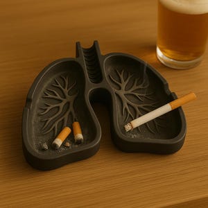 Puede incluir: Un cenicero gris oscuro con forma de pulmones, con intrincados patrones en forma de venas. Dos colillas de cigarrillos descansan en el lóbulo izquierdo, y un cigarrillo encendido en el derecho. Un vaso de cerveza está en el fondo.