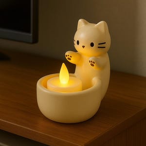 May include: A cream-colored cat-shaped candle holder with a lit, yellow LED candle. The cat has black eyes and paw prints. The candle holder is sitting on a wooden surface.