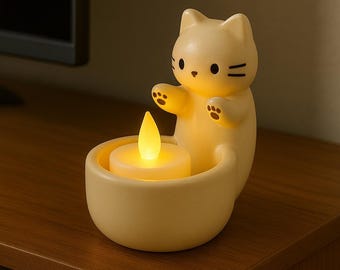 May include: A cream-colored cat-shaped candle holder with a lit, yellow LED candle. The cat has black eyes and paw prints. The candle holder is sitting on a wooden surface.