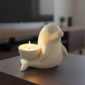 May include: A cream-colored dolphin-shaped candle holder with a lit candle. The candle holder is on a dark brown surface. The dolphin has a smooth finish and a serene expression. The flame is bright against the soft glow of the candle.