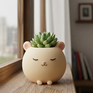 Può includere: Un vaso beige e rotondo a forma di orso con occhi chiusi, piccole orecchie e piedini. Il vaso contiene una pianta succulenta verde. Il vaso è appoggiato su una superficie di legno vicino a una finestra.