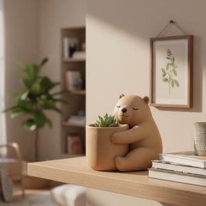 以下が含まれることがあります： 滑らかな素材で作られた明るい茶色のクマの形をしたプランターで、腕の中に小さな緑色の多肉植物を抱えています。クマは目を閉じて小さな黒い鼻を持ち、穏やかな表情で木製の表面に座っています。