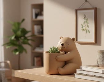 Bear Hug Planter STL, 3D Printable Succulent Pot, Kawaii Animal Desk Decor, Minimal Support