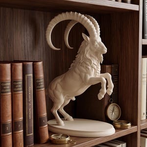 Può includere: Una scultura color bianco sporco opaco raffigurante uno stambecco sulle zampe posteriori, con lunghe corna ricurve e una texture del pelo dettagliata. La figura è montata su una base ovale tra libri rilegati in pelle e bussole in ottone.