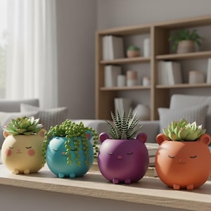 May include: Four colorful, bear-shaped planters with succulents. The planters are yellow, teal, purple, and orange. Each planter has a face with closed eyes and small feet. The plants include a variety of succulents and trailing plants.