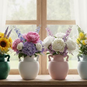 May include: Four colorful vases filled with flowers sit on a wooden surface in front of a window. The vases are green, white, pink, and light blue. The flowers include sunflowers, peonies, and daisies.