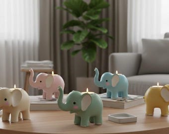 May include: A collection of five colorful elephant-shaped candle holders. The candle holders are in pastel colors: yellow, pink, blue, green, and cream. Each elephant has a lit candle on its back, and small square trays are placed in front of some of them.