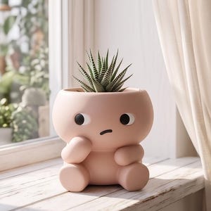May include: A light pink ceramic planter shaped like a seated figure with a rounded head, two small arms, and two legs. The planter features a simple face with two black circular eyes and a small curved mouth. A green succulent plant sits inside.