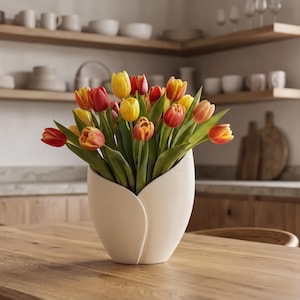 May include: A bouquet of vibrant red, orange, and yellow tulips arranged in a smooth, off-white ceramic vase with a curved, petal-like design. The flowers feature green stems and leaves, creating a colorful contrast against the neutral-toned vase.
