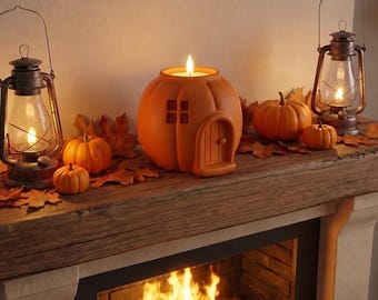 May include: A ceramic pumpkin-shaped candle holder with a carved door and window, illuminated by a lit candle. The display includes two metal lanterns with glowing flames, several small orange pumpkins, and scattered brown autumn leaves.